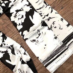 Black and White Silk Scarf, Anne Klein Vintage Floral Print with Stripes, Long